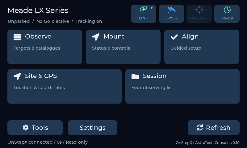 AstroEvolve touch console Home development screenshot