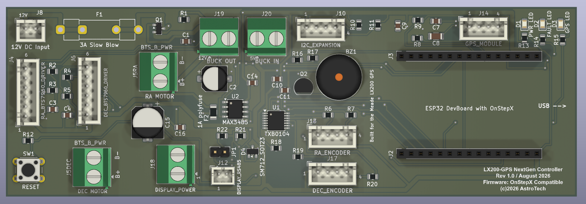 Actual 3D preview of the ESP32 OnStepX mainboard, showing motor, encoder, GPS and display connectors